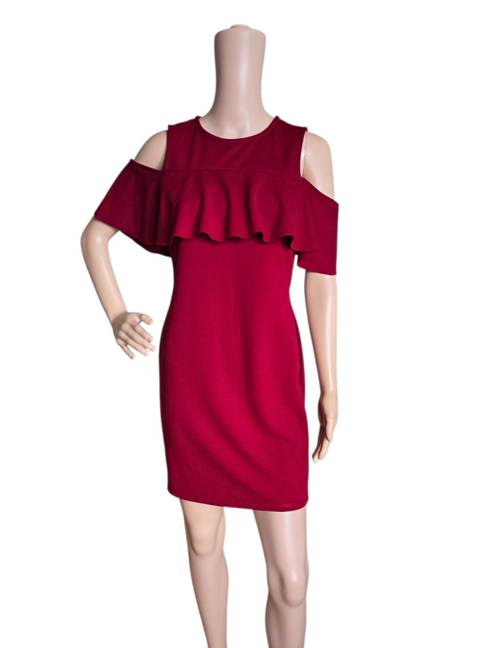Cold-Shoulder Ruffle Sheath Dress in Deep Red - Picture 14 of 16